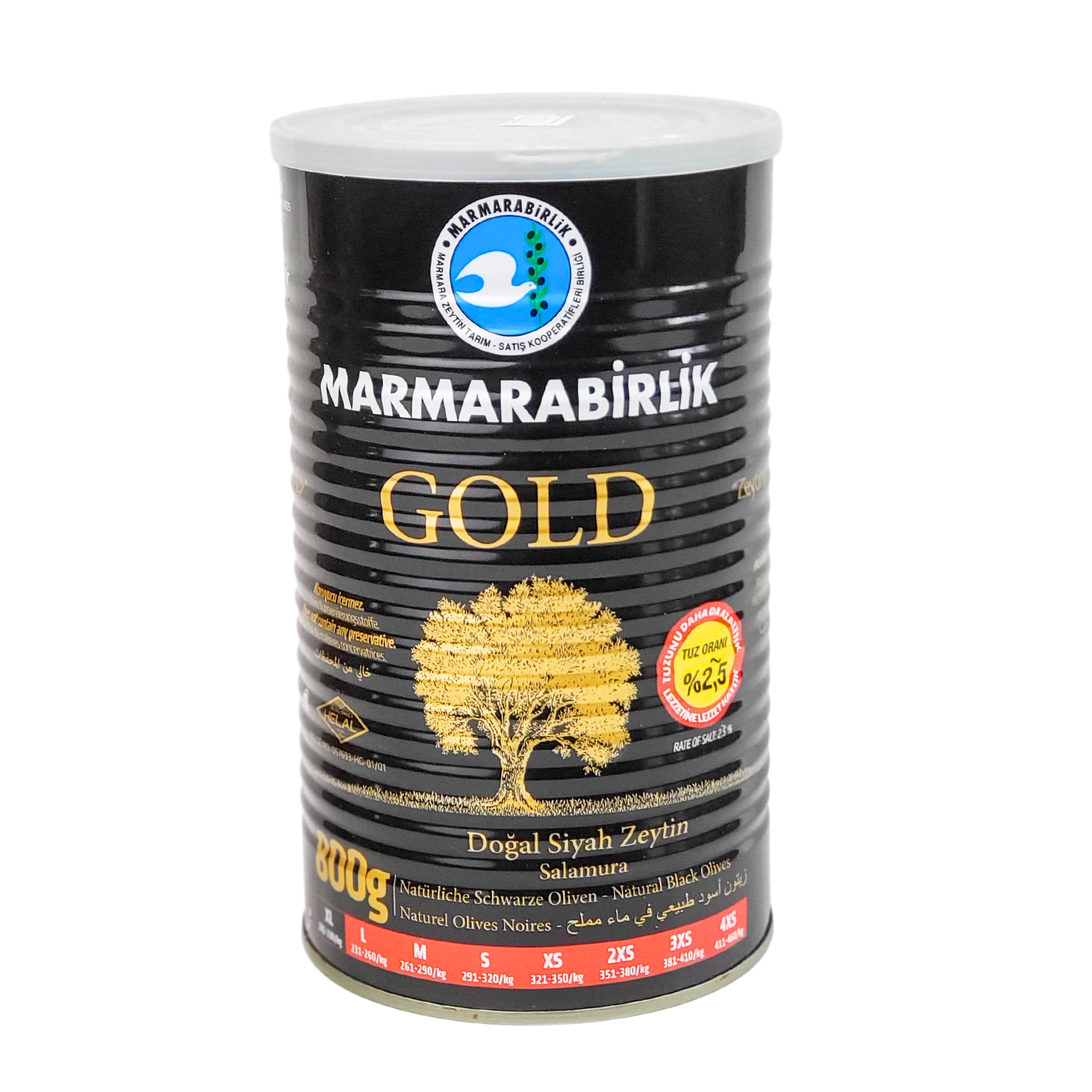 Marmarabirlik Gold Dogal Siyah Zeytin Salamura Natural Black Olives XL 800g