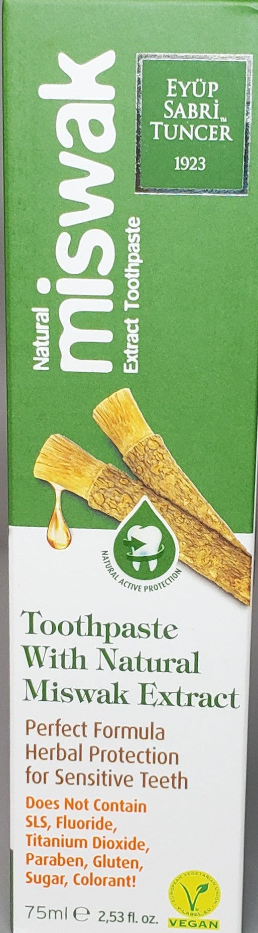 Eyüp Sabri Tuncer - Natural Miswak Extract Toothpaste 75 ml Perfect Formula Herbal Protection for Sensitive Teeth VEGAN (Does NOT include Toothbrush)